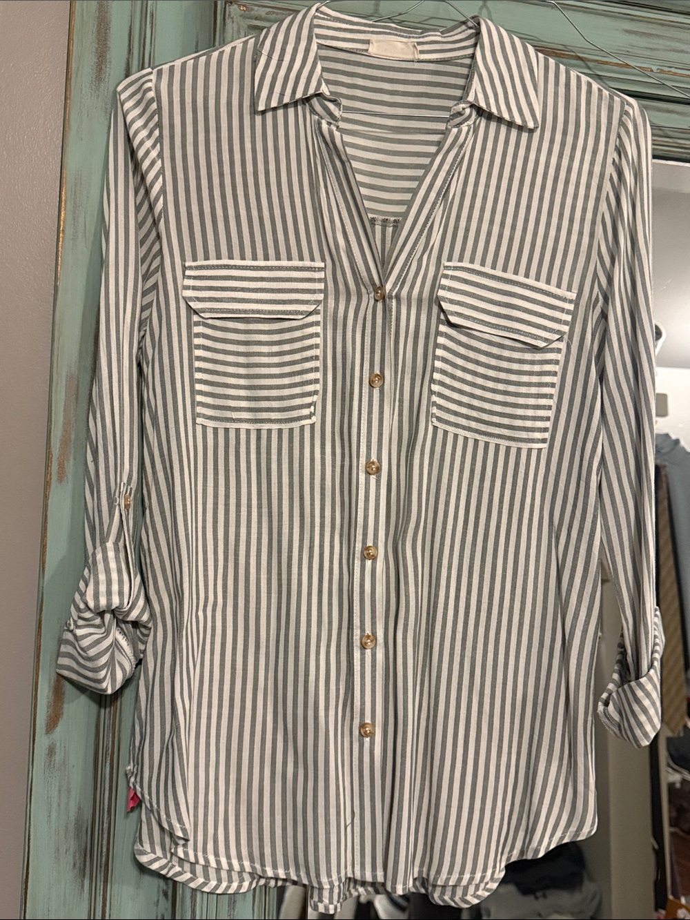 Striped Button-Down Shirt - Green and White